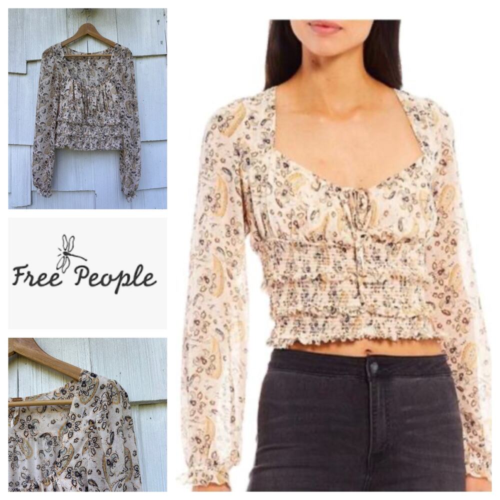 Free People Lolita Smocked Peasant Blouse Sheer Long‎ Sleeve Boho Size M Medium